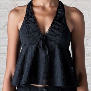 Y2K Black Textured Ruched Halter Top with Bow Detail Coquette Girl